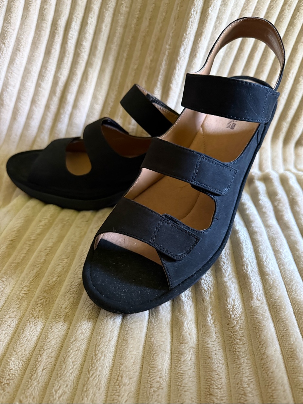 Clarks Black Nubuck Reedly Juno Wedge Slingback Sandals